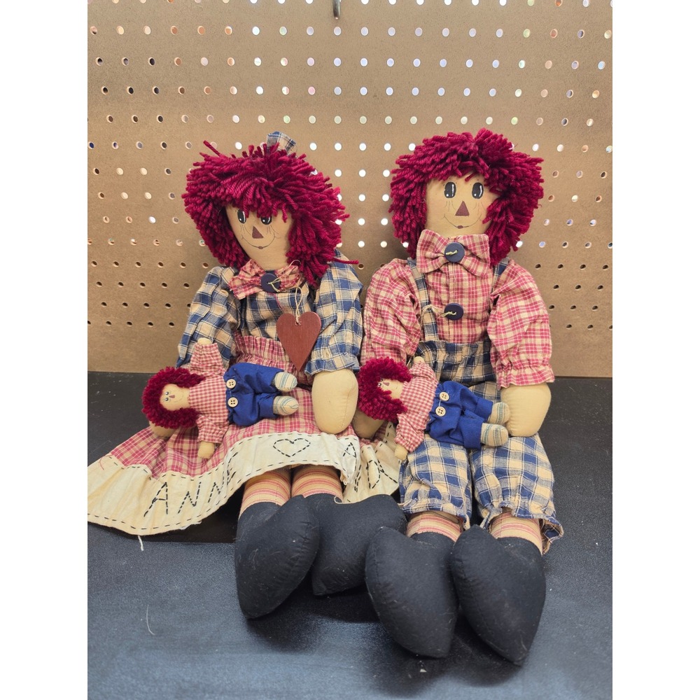 Vintage Primitive Raggedy Ann and Andy Handmade Cloth Dolls 21 Inch Set of 2